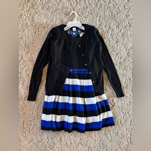 Girls Knitworks striped dress, with matching belt, necklace, black cardigan - 12